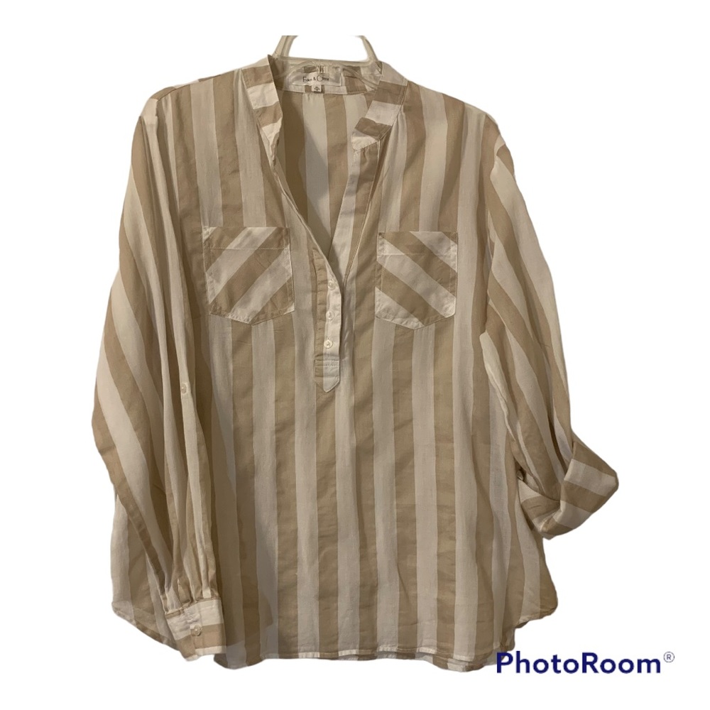EDEN & OLIVIA LADIES L/ S TAN & WHITE BLOUSE